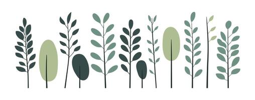 Flat design set of hand-drawn trees and leaves, featuring a mix of bare branches and lush greenery. Perfect for botanical and nature-inspired designs vector