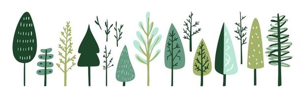 Versatile set of hand-drawn trees and leaves in a flat style. Showcasing both bare and full foliage designs, perfect for botanical and eco-friendly graphics vector