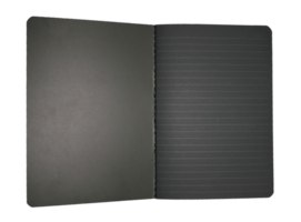 A black notebook with lines open on transparent background. png