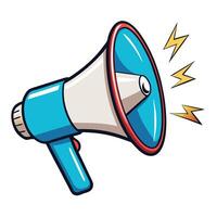 A vibrant blue and white megaphone with red accents powerfully broadcasting a message with lightning bolts symbolizing the announcement's impact and reach vector
