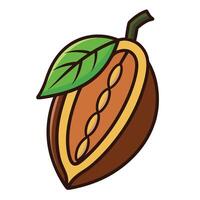 A Detailed Illustration of a Cacao Pod Split Open Revealing its Seeds with a Vibrant Green Leaf vector