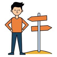 Young Man Facing a Crossroads Decision Important Life Choices Ahead Uncertain Future Path Options vector