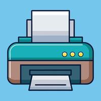 A teal and brown inkjet printer with paper ready to print documents and images vector