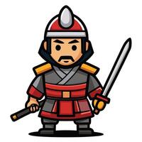 Adorable Cartoon Illustration of a Korean Warrior in Traditional Armor and with a Sword vector