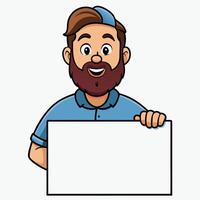 Happy Bearded Man Holding Blank Sign Cartoon Illustration vector