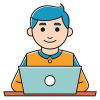 Young Boy with Blue Hair Using a Laptop Computer at a Desk Studying or Working vector