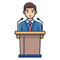 Man giving a public speech at a podium with microphones vector