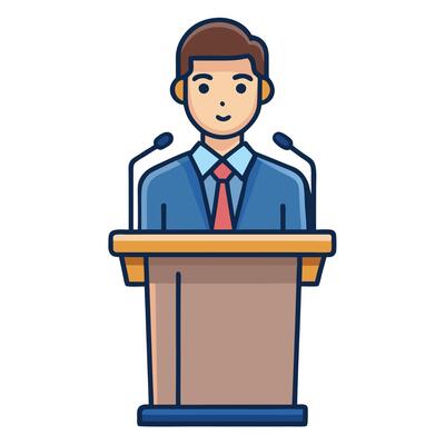 Man giving a public speech at a podium with microphones