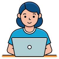 Young Woman Working on Laptop Computer at Desk Smiling Happy Girl Using Technology vector