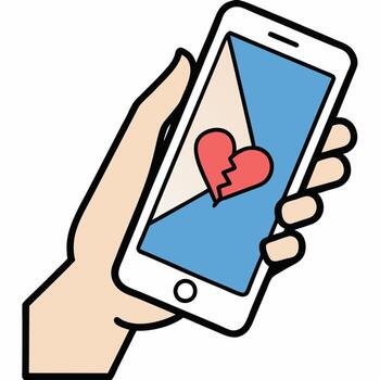 A hand holding a smartphone displaying a broken heart indicating heartbreak relationship problems or digital communication issues vector