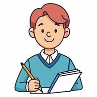 Young Student Writing in Notebook Happy Boy Studying Learning Education vector