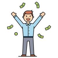 Happy Man Celebrating Financial Success with Money Raining Down vector