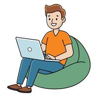 Happy young man using laptop while sitting in comfy beanbag chair vector