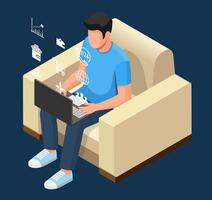 Isometric illustration of A man working from home on a sofa, illustrating smart online business and the flexibility of working remotely with technology from any workplace. vector