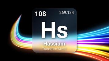 Hassium Transition Metal, Glass Morphism Element Futuristic Neon Light Glow Background Periodic Table, Chemical Symbol, Name, Atomic Mass, Atomic Number, Illustration vector