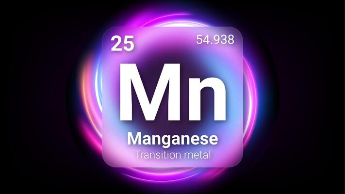 Manganese Transition Metal, Glass Morphism Element Futuristic Neon Light Glow Background Periodic Table, Chemical Symbol, Name, Atomic Mass, Atomic Number, Illustration