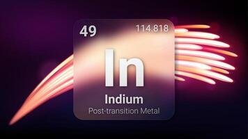 Indium Post Transition Metal, Glass Morphism Element Futuristic Neon Light Glow Background Periodic Table, Chemical Symbol, Name, Atomic Mass, Atomic Number, Illustration vector