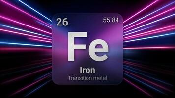 Iron Transition Metal, Glass Morphism Element Futuristic Neon Light Glow Background Periodic Table, Chemical Symbol, Name, Atomic Mass, Atomic Number, Illustration vector