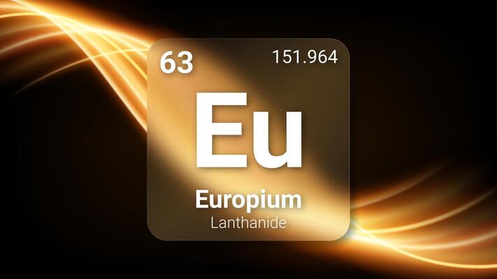 Europium Lanthanide, Glass Morphism Element Futuristic Neon Light Glow Background Periodic Table, Chemical Symbol, Name, Atomic Mass, Atomic Number, Illustration