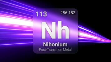 Nihonium Post Transition Metal, Glass Morphism Element Futuristic Neon Light Glow Background Periodic Table, Chemical Symbol, Name, Atomic Mass, Atomic Number, Illustration vector