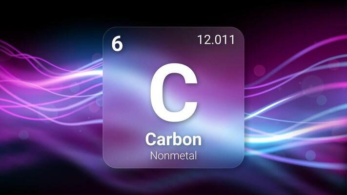 Carbon Nonmetal, Glass Morphism Element Futuristic Neon Light Glow Background Periodic Table, Chemical Symbol, Name, Atomic Mass, Atomic Number, Illustration