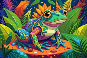 Whimsical frog with intricate patterns in a richly detailed jungle scene vector