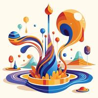 A vibrant and whimsical abstract landscape with swirling colors, floating bubbles, and playful shapes creating a dreamlike scene vector