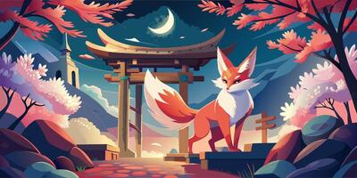 Mystical Fox Guarding Ancient Shrine Under Moonlit Sky vector
