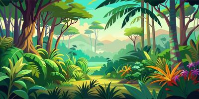 Dense tropical jungle with foliage and towering trees creating a lush green canopy vector