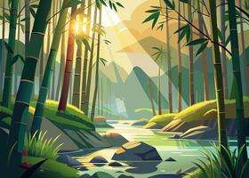 Sunlit bamboo forest with a winding river and distant mountains vector