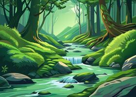Lush Green Forest Scene with Stream and Rocks. vector