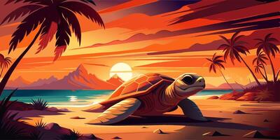 Vibrant sunset at the beach with a turtle and tropical scenery vector