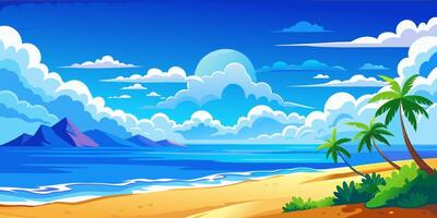 Serene beach landscape with palm trees and distant mountains vector