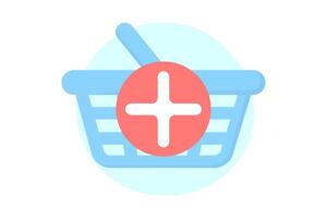 Blue shopping backet with red plus. Shopping flat style icons in red and blue colors vector