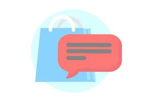 Blue shopping bag and red cloud of text or negative review. Shopping flat style icons in red and blue colors vector