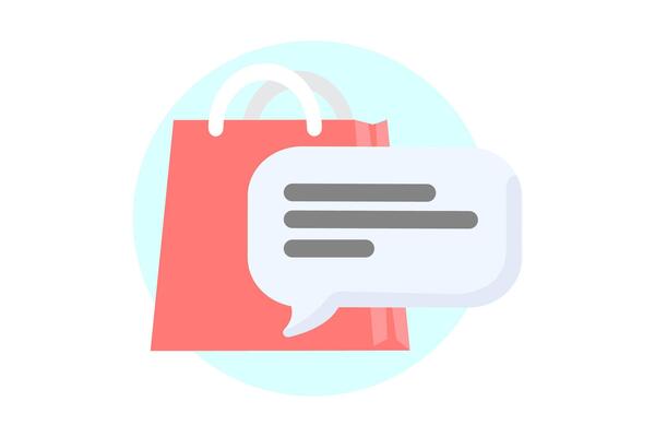 Red shopping bag and light grey cloud of text or positive review. Shopping flat style icons in red and blue colors