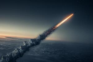 Rocket launching at sunrise space exploration mission taking flight into sky and leaving earth. photo