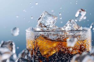 Hyper realistic close-up of bubbling soda, ice cubes and dewy condensation droplets photo