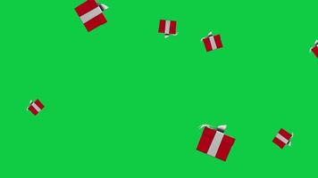 3d red gift box with white ribbon are throwing forward animation on green screen background video