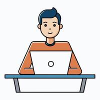 Young Man Working on Laptop at Desk Illustration Simple Design vector