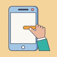 Hand interacting with a smartphone touchscreen using a finger to tap or swipe on the screen vector