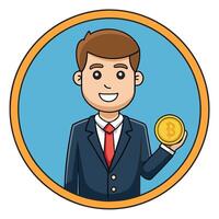 Smiling Businessman Holding Bitcoin Cryptocurrency in Circular Frame Cartoon Illustration vector