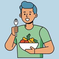 Happy Man Enjoying a Delicious and Healthy Vegetable Salad Meal vector