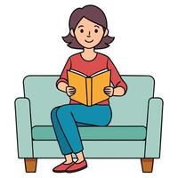 Woman Relaxing on Couch Reading Book Enjoying Leisure Time at Home vector