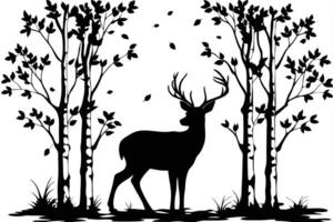 Deer Silhouette in Forest Trees with Falling Leaves on White Background vector