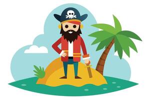 Cartoon Pirate With Hat and Sword on a Sandy Island, Palm Tree, Clouds vector