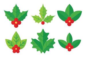 Six Holly Berries and Leaves Set on a White Background Flat and Minimalist vector