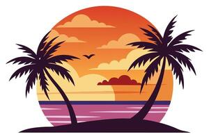 Silhouette Palm Trees at Sunset, Tropical Beach with Birds, Design vector