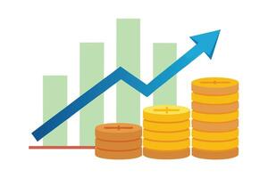 Upward Arrow with Stacks of Coins and Pale Green Bar Chart on White Backdrop vector
