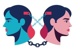 Connected Human Heads Silhouette with Chains on White Background vector